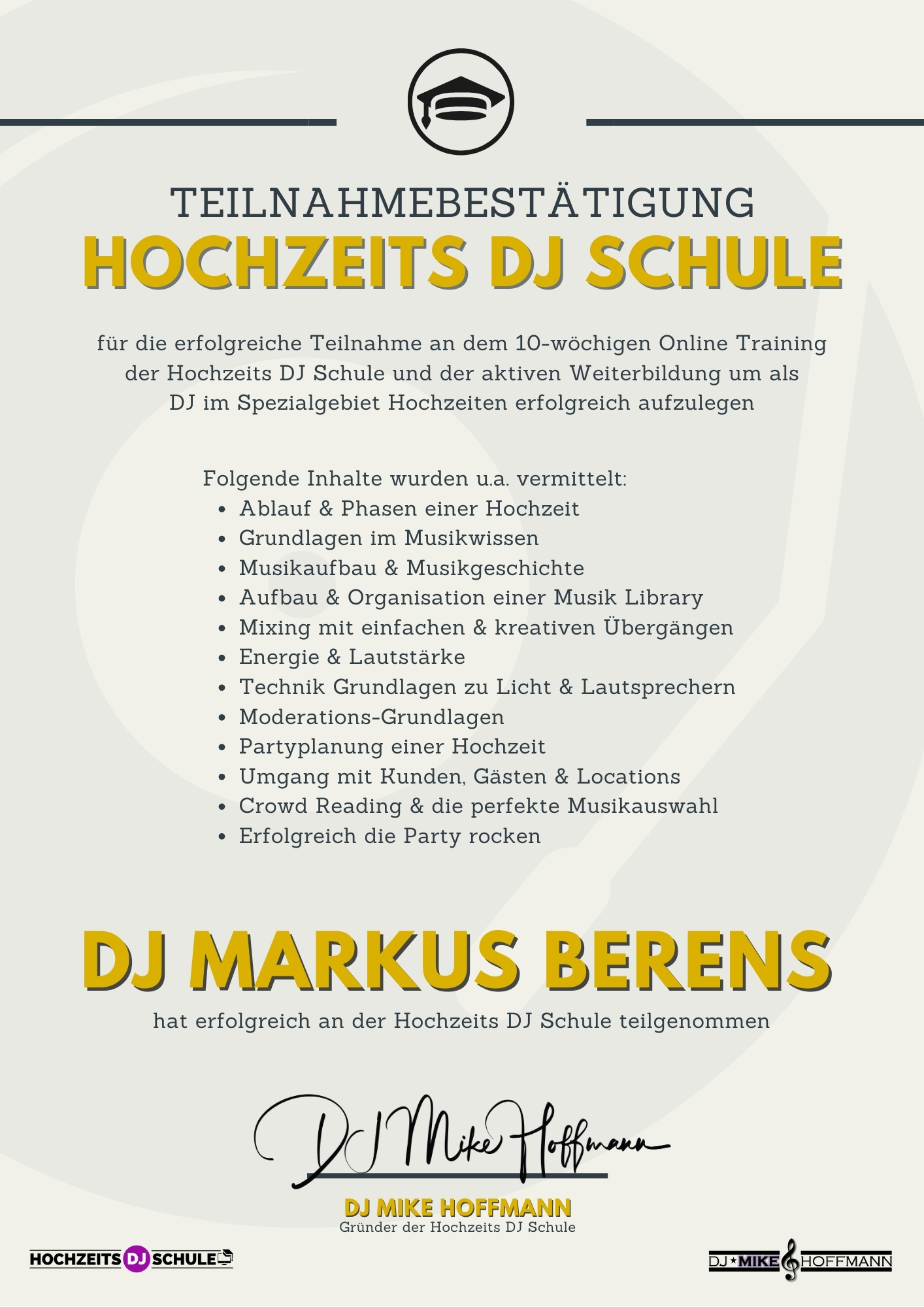 Zertifikat Hochzeits-DJ Schule